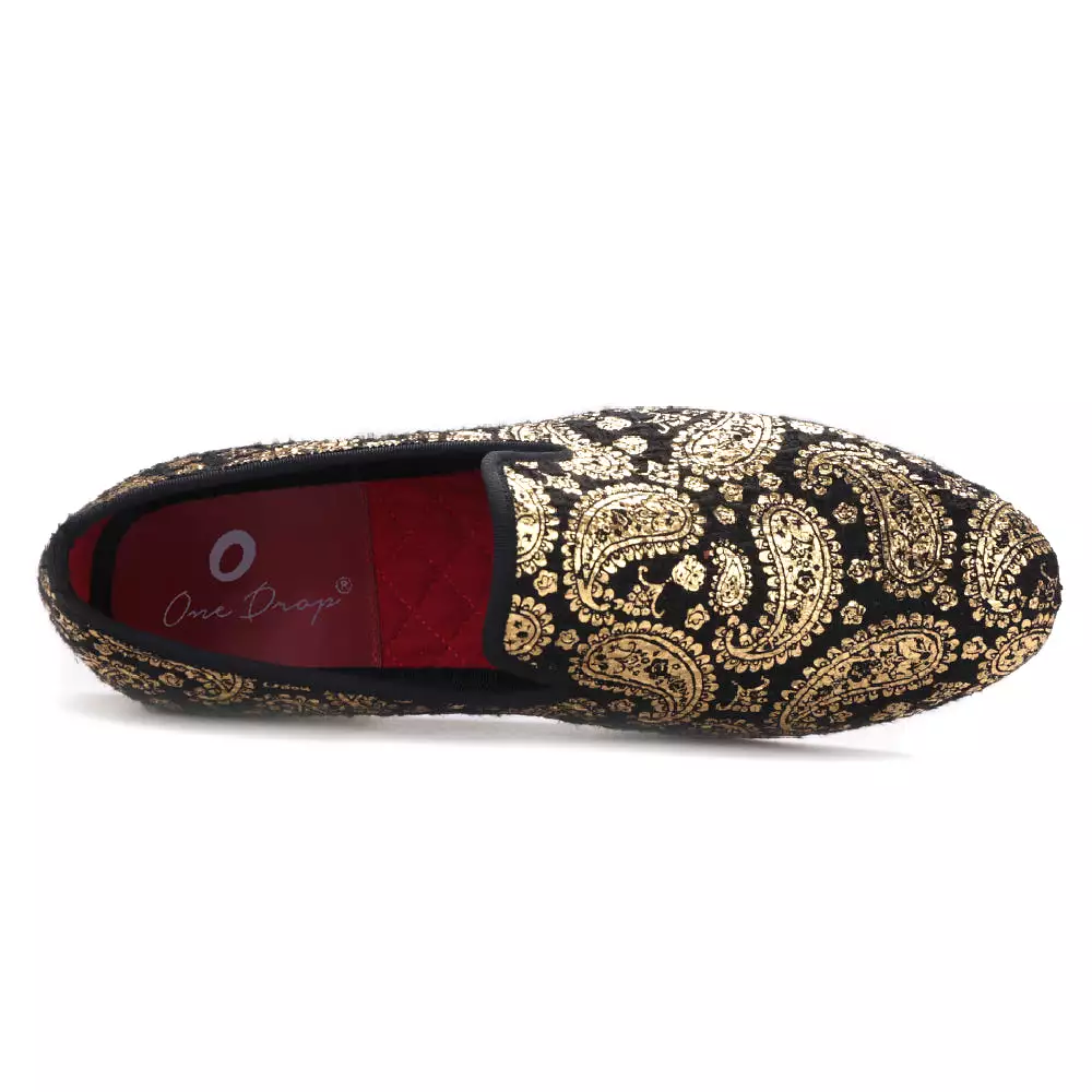 OneDrop Handmade Gold Cashew Flower Print Men Velvet Dress Shoes Party Wedding Prom Loafers