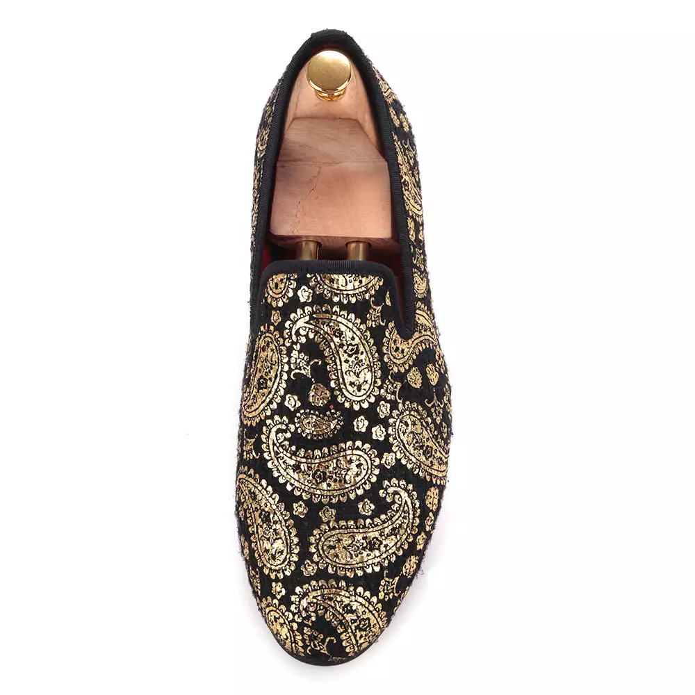 OneDrop Handmade Gold Cashew Flower Print Men Velvet Dress Shoes Party Wedding Prom Loafers