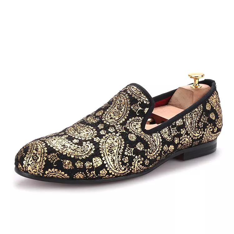 OneDrop Handmade Gold Cashew Flower Print Men Velvet Dress Shoes Party Wedding Prom Loafers