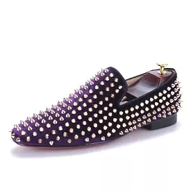 OneDrop Men Handmade Purple Velvet Dress Shoes Gold Rivets Party Wedding Prom Loafers