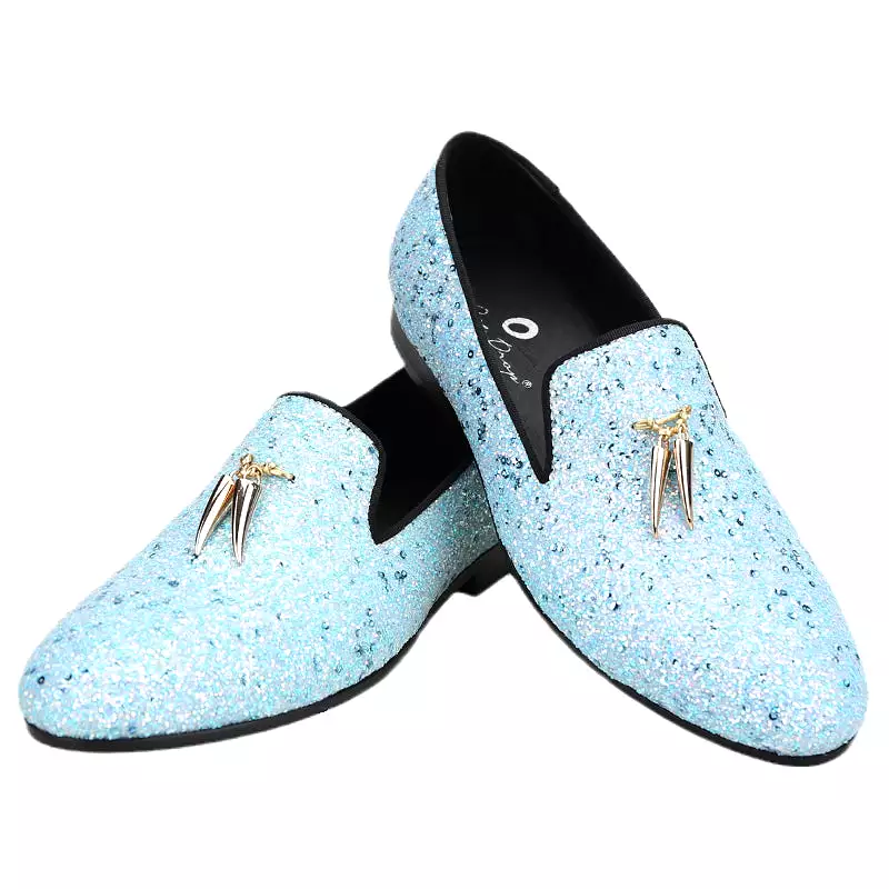 OneDrop Men Sky Blue Handmade Leather Prom Party And Wedding Dress Shoes Loafers Metal Tassels