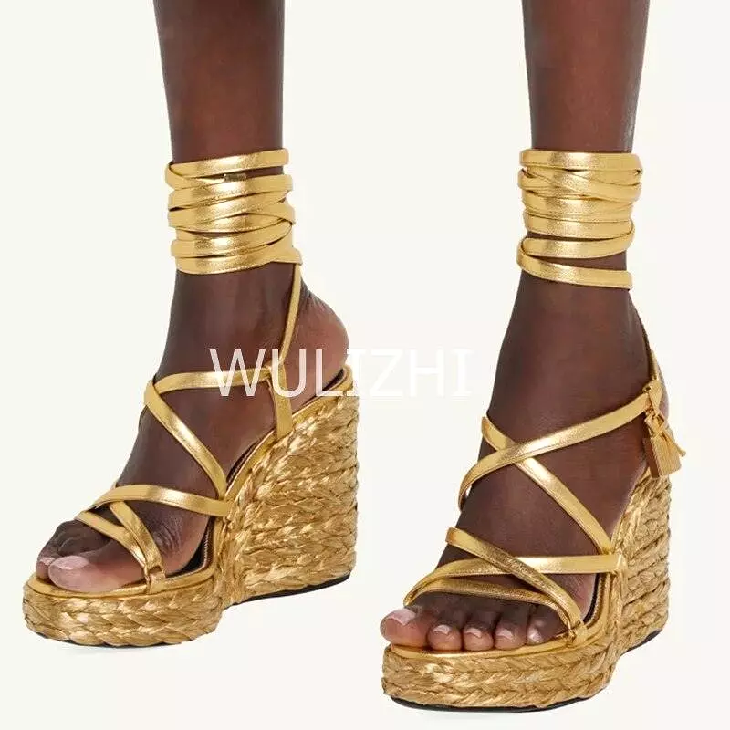 Open Toe Long Strap Wedge Sandals