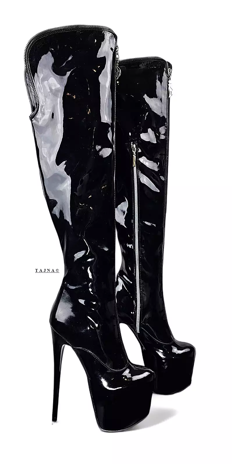 Over the Knee Black Gloss Zip Detailed High Heel Boots