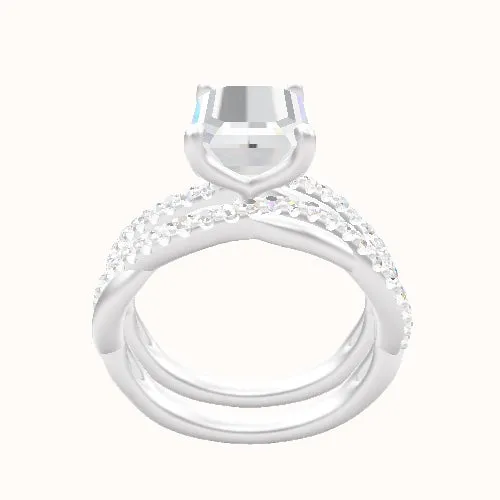 Pave Rope Engagement Ring With Petal Four Prong Head and Matching Band