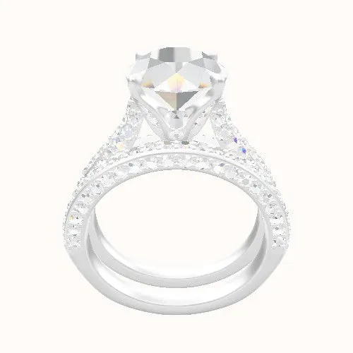 Petite Cathedral Three Row Engagement Ring With Pave Tulip Prongs w. Surprise Diamond Head and Matching Band