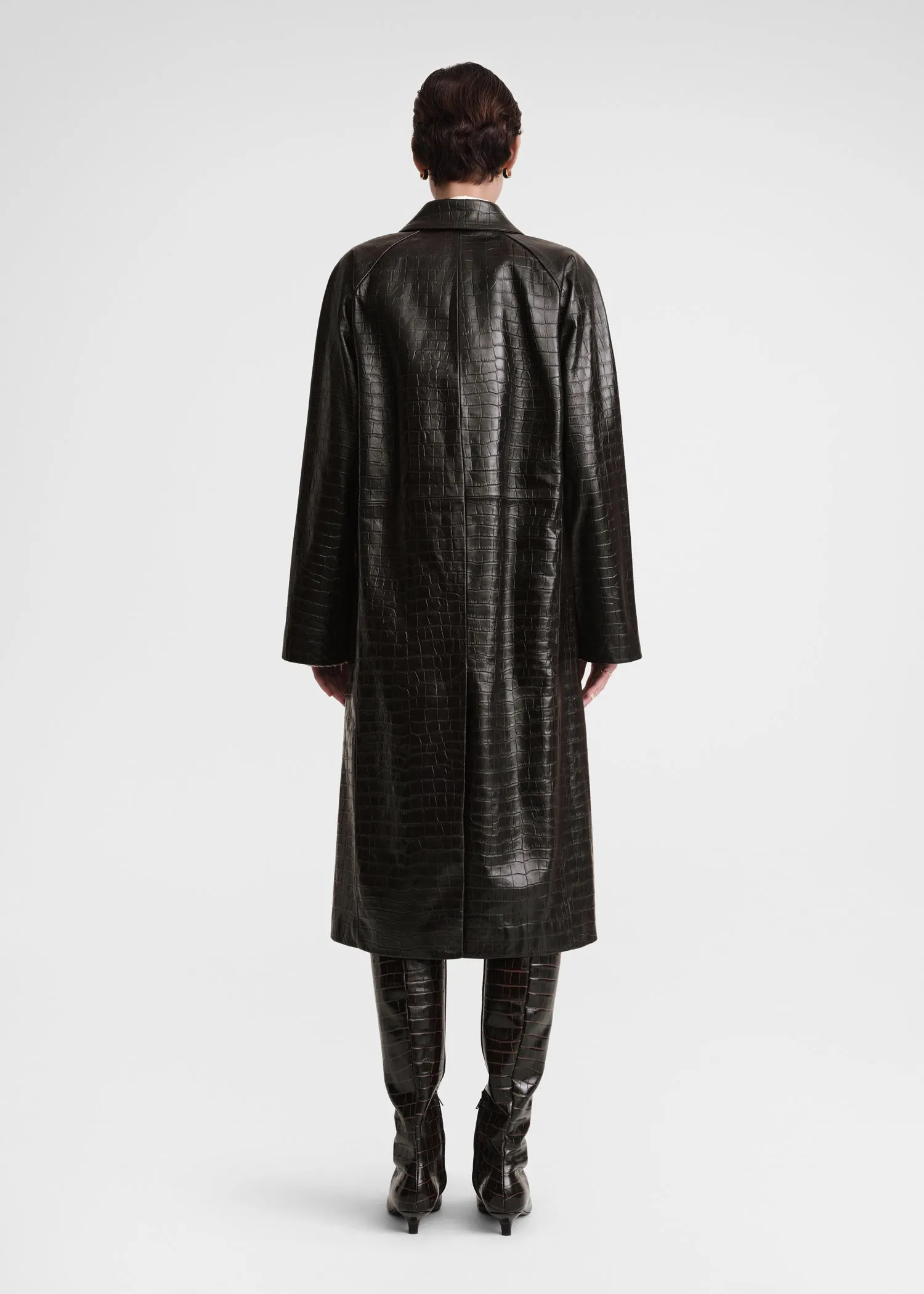 Raglan-sleeve croco embossed coat dark brown