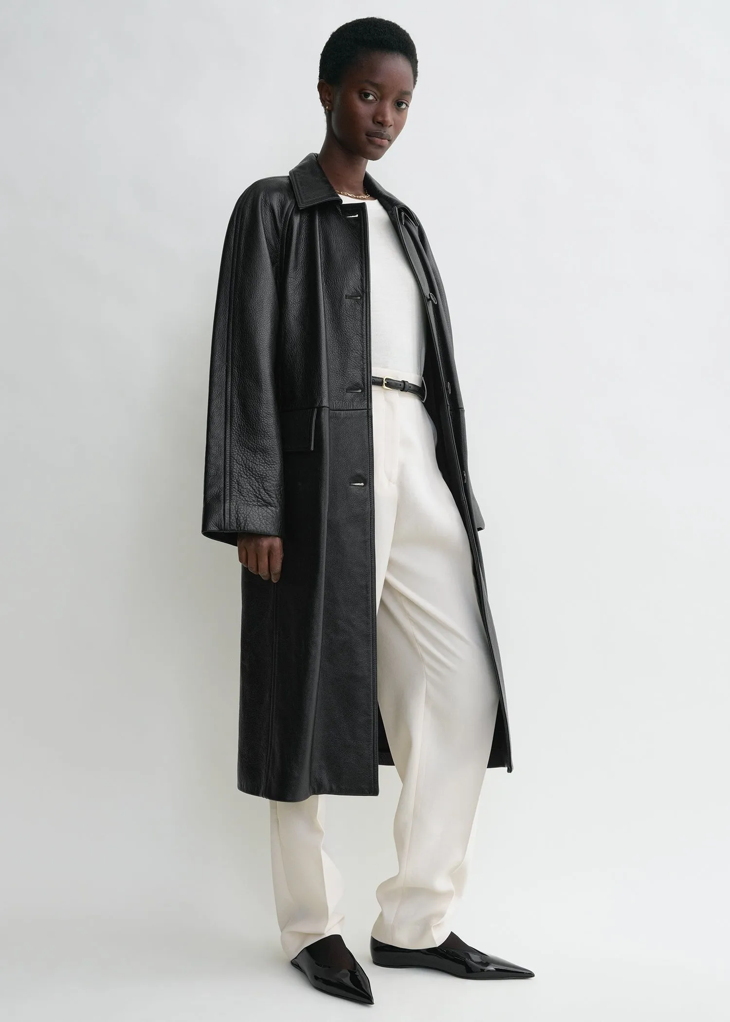 Raglan-sleeve leather coat black