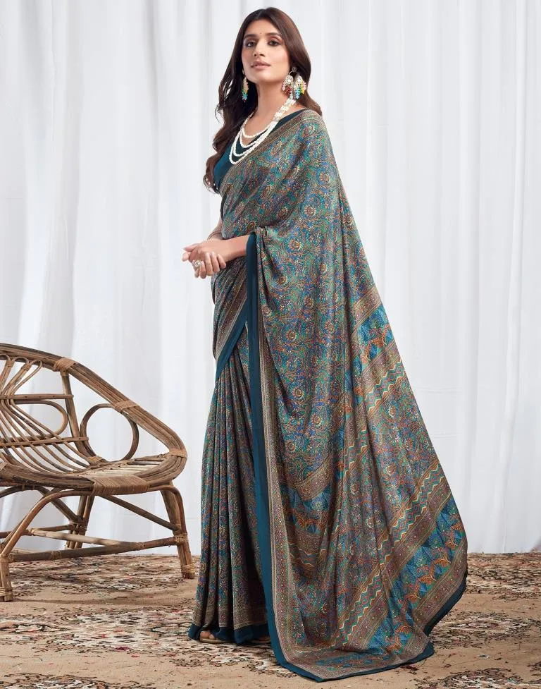 Rama Blue Silk Printed Sarees