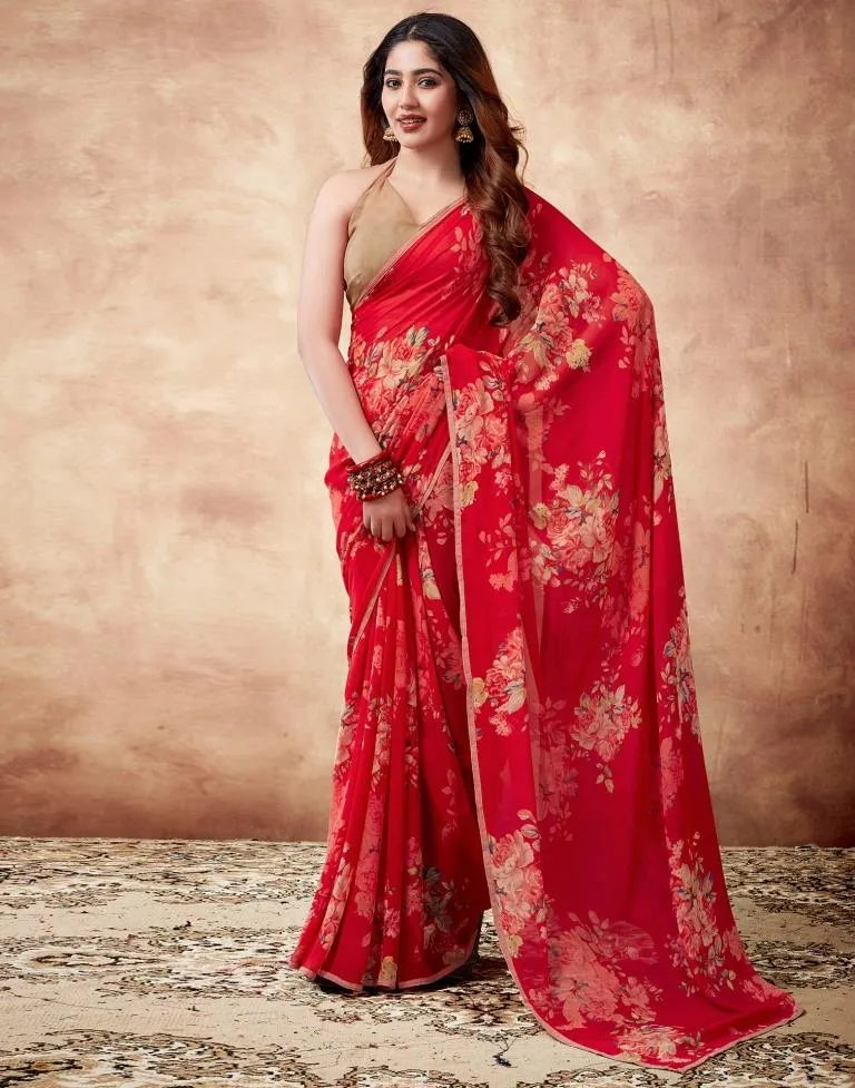 Red Georgette Printed Sarees