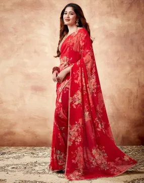 Red Georgette Printed Sarees