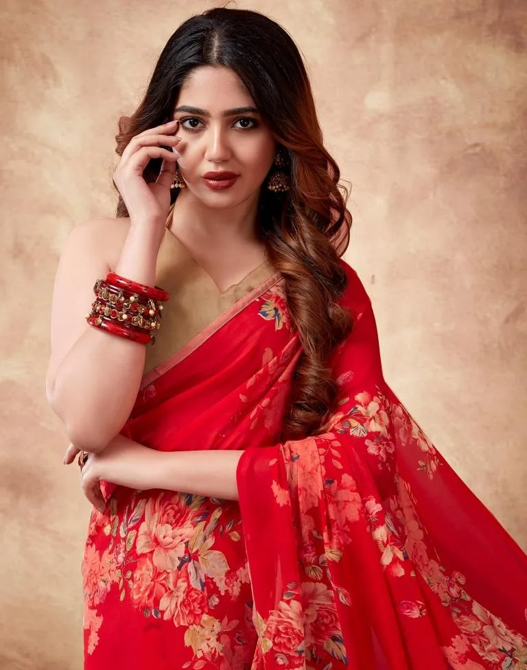 Red Georgette Printed Sarees