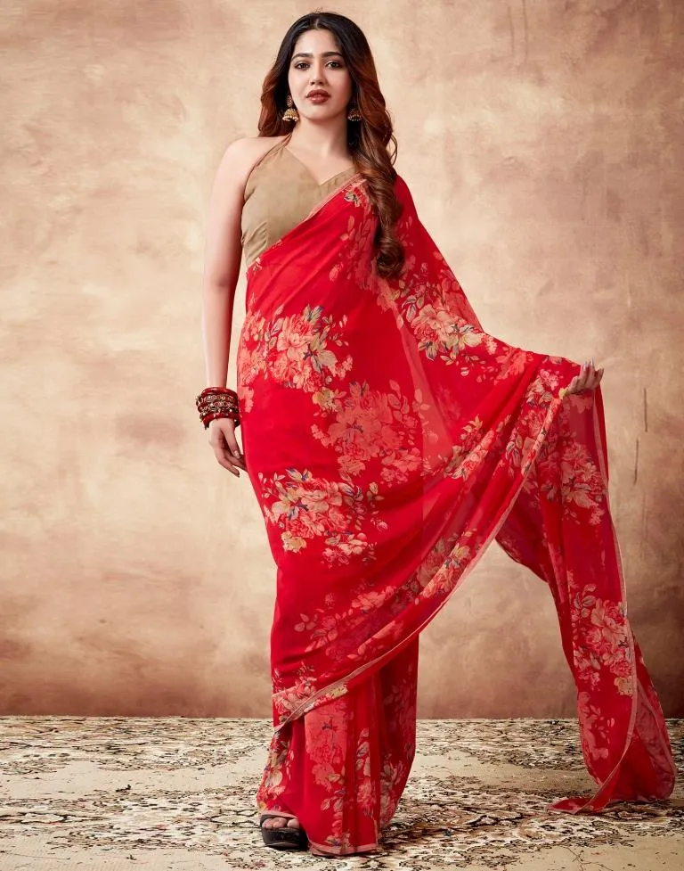 Red Georgette Printed Sarees