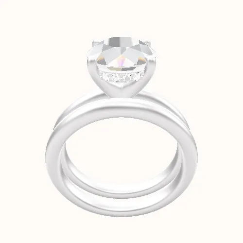 Rounded Solitaire Engagement Ring With V Prong with Hidden Halo Head and Matching Band