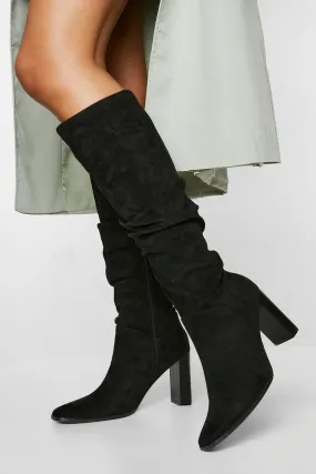 Ruched Block Heel Knee High Boot