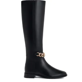 Saint Alina Gold Chain Embellished Black Leather Knee High Boots