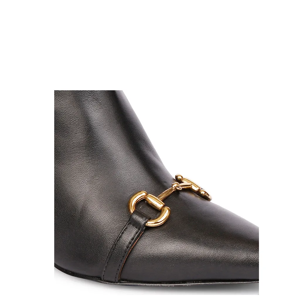 Saint Ashley Black Leather Gold Horsebit Décor Back Zip Boots