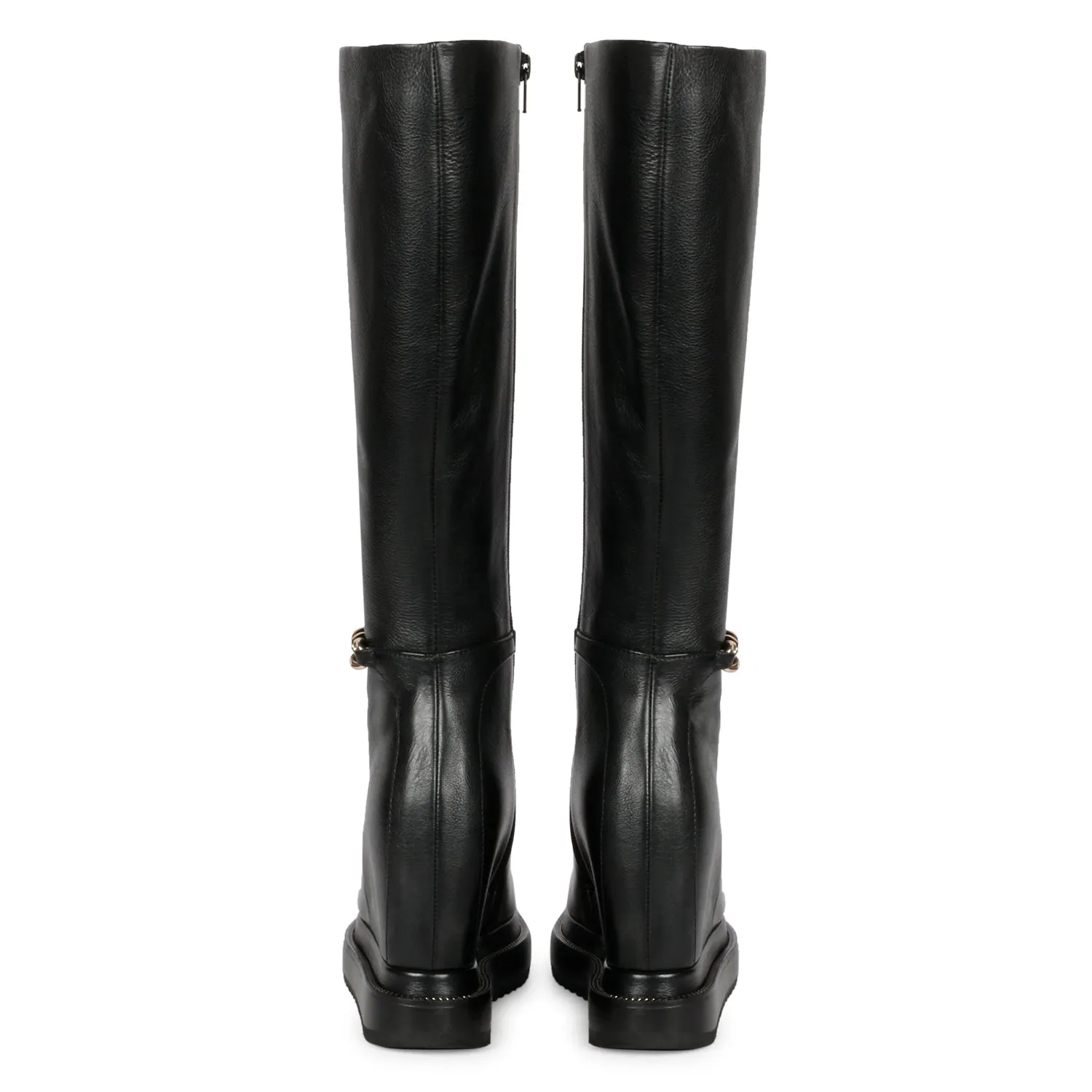 Saint Audrey Chain Décor Black Leather Inside Wedge Heel Long Boots