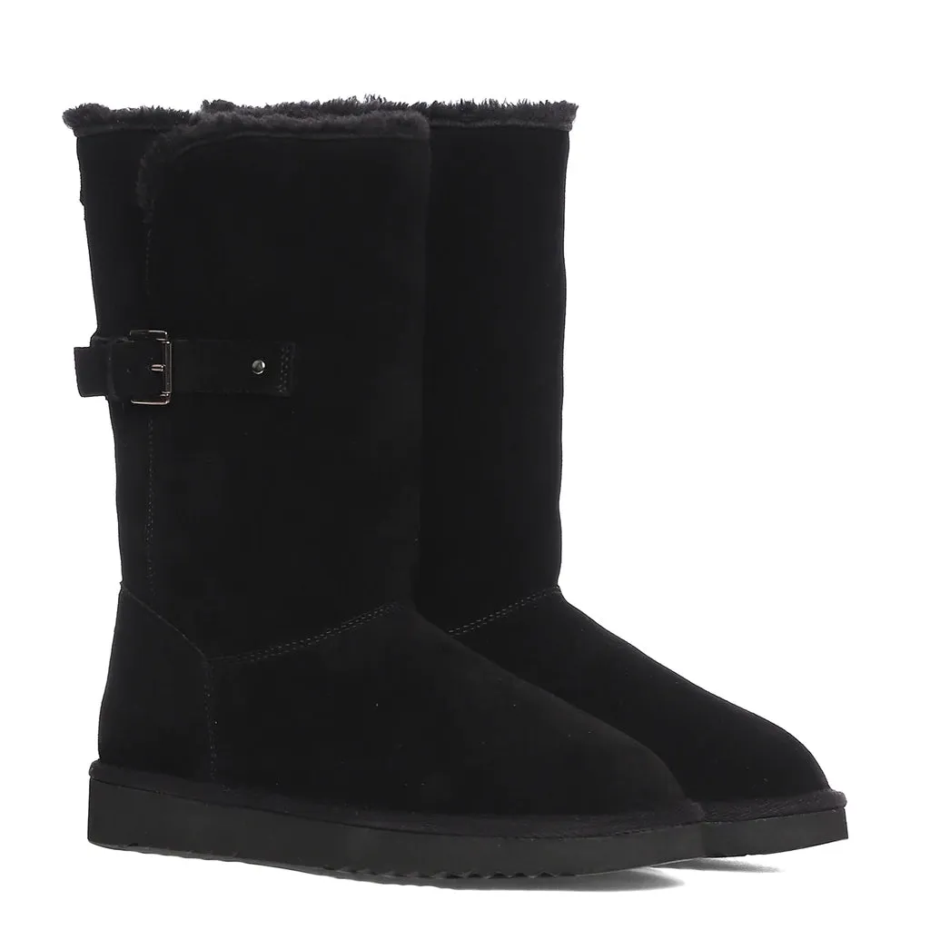 Saint Aurelia Buckle Decorative Black Suede Leather Snug Boots