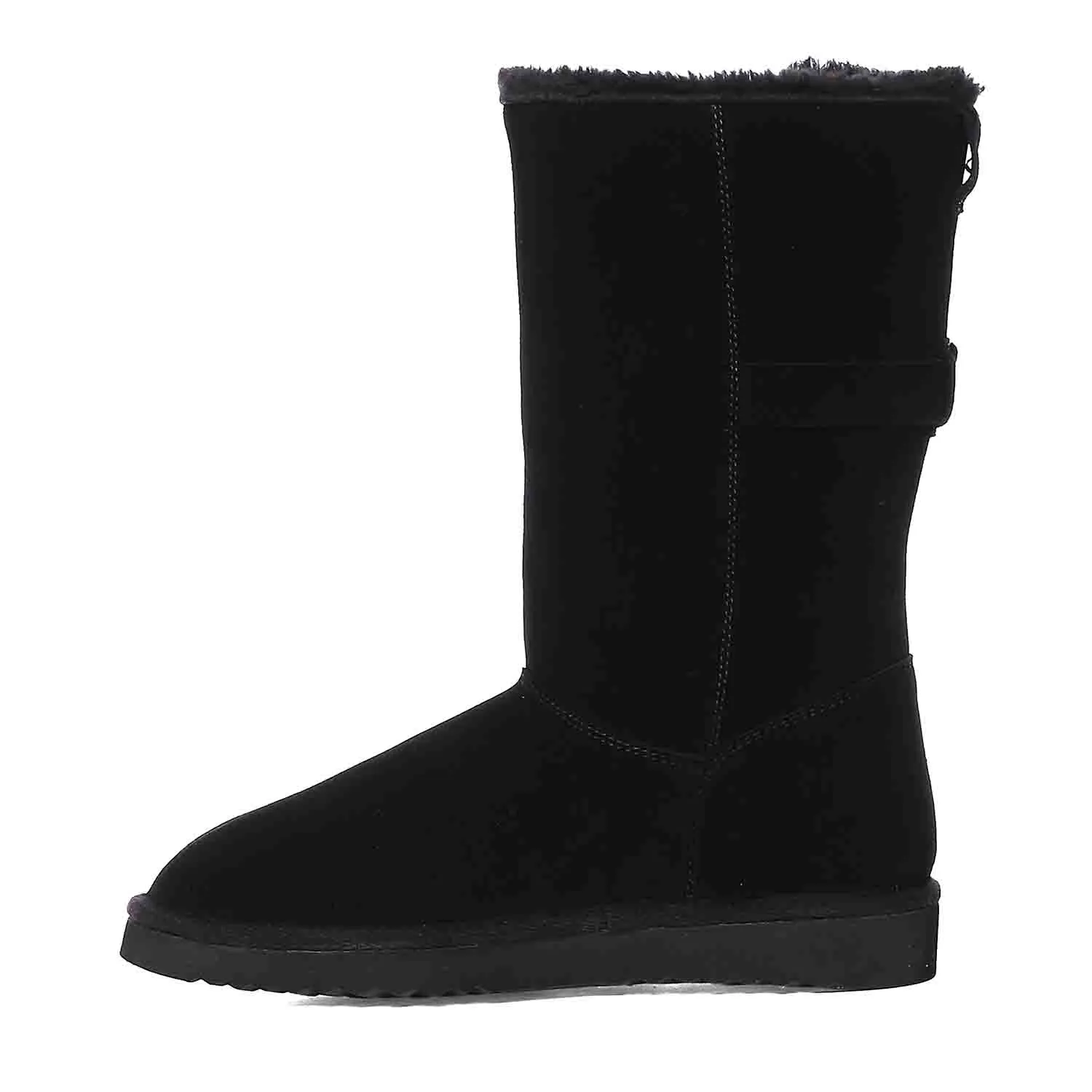 Saint Aurelia Buckle Decorative Black Suede Leather Snug Boots