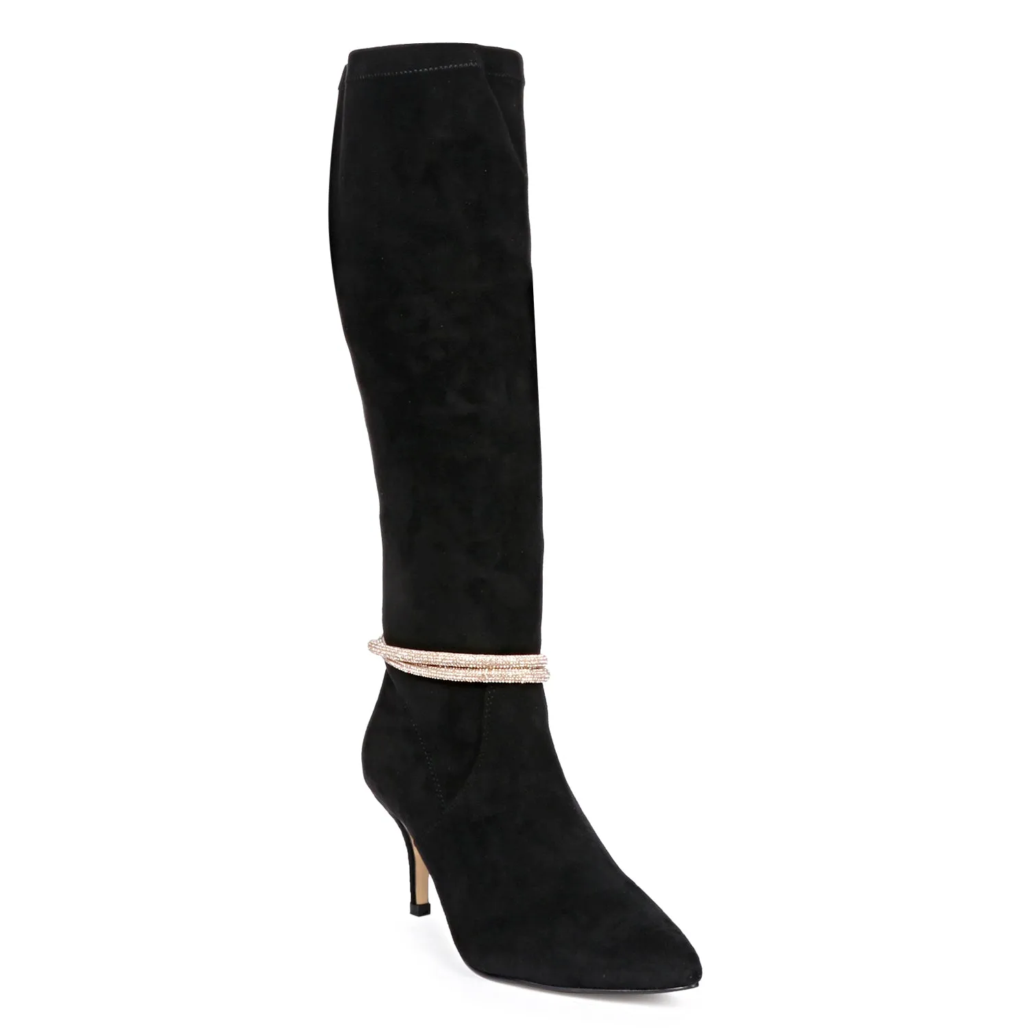 Saint Lumina Golden Cord String Black Stretch Suede Long Boots