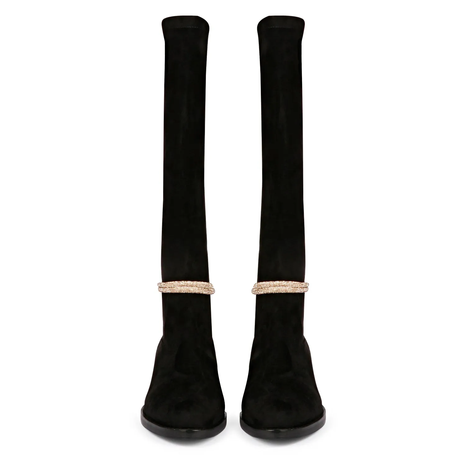 Saint Marisa Golden Cord String Black Stretch Suede Long Boots