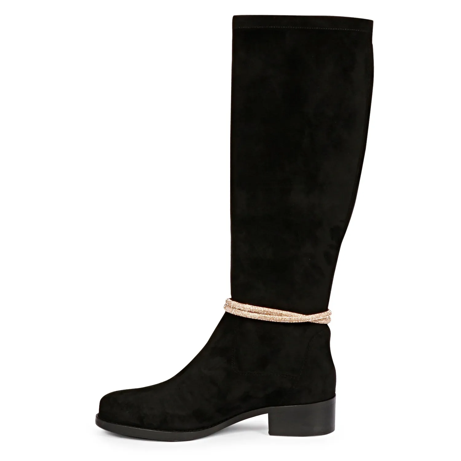 Saint Marisa Golden Cord String Black Stretch Suede Long Boots