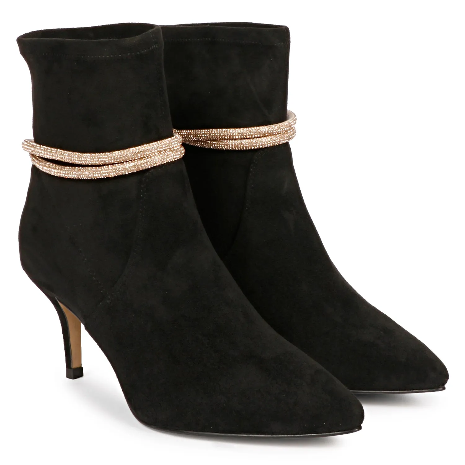 Saint Reyna Black Stretch Suede Golden Cord String Kitten Heel Boots