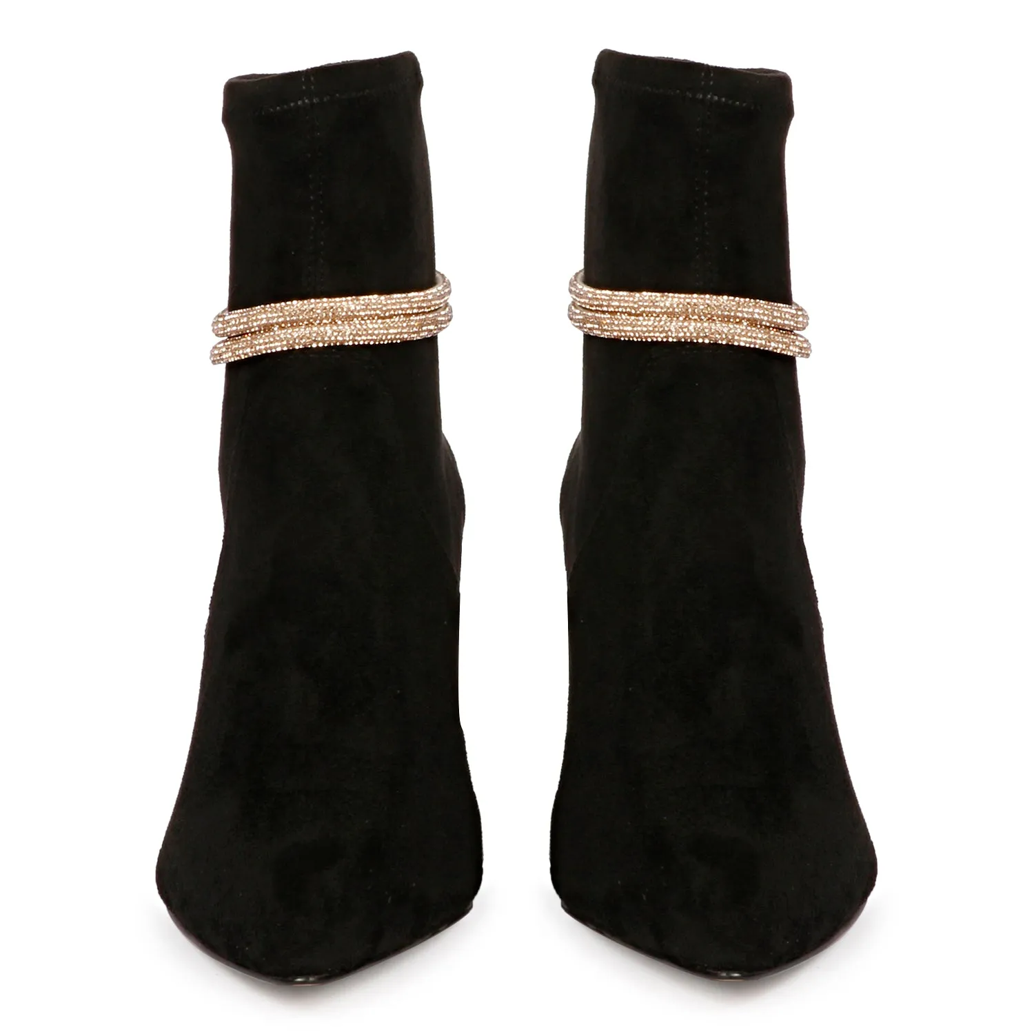 Saint Reyna Black Stretch Suede Golden Cord String Kitten Heel Boots