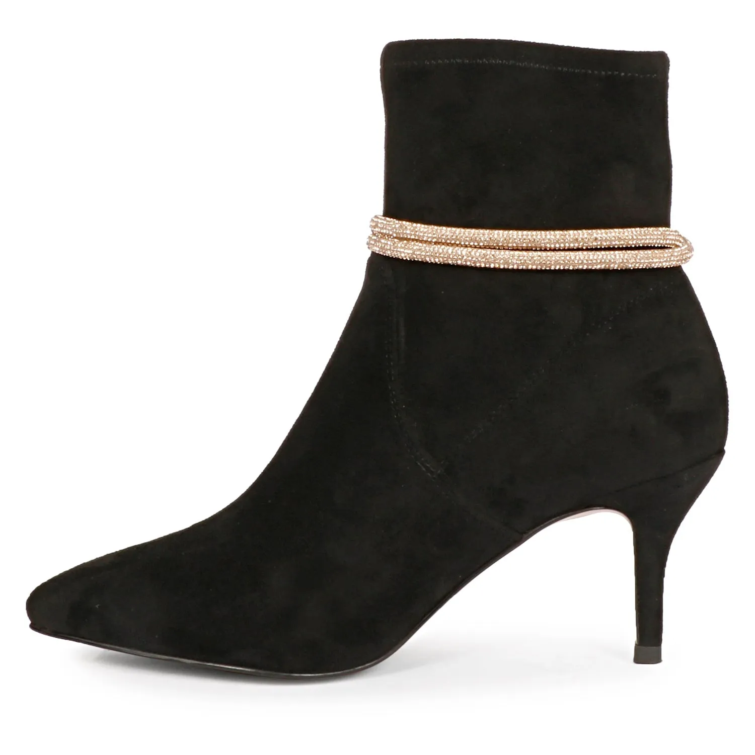 Saint Reyna Black Stretch Suede Golden Cord String Kitten Heel Boots