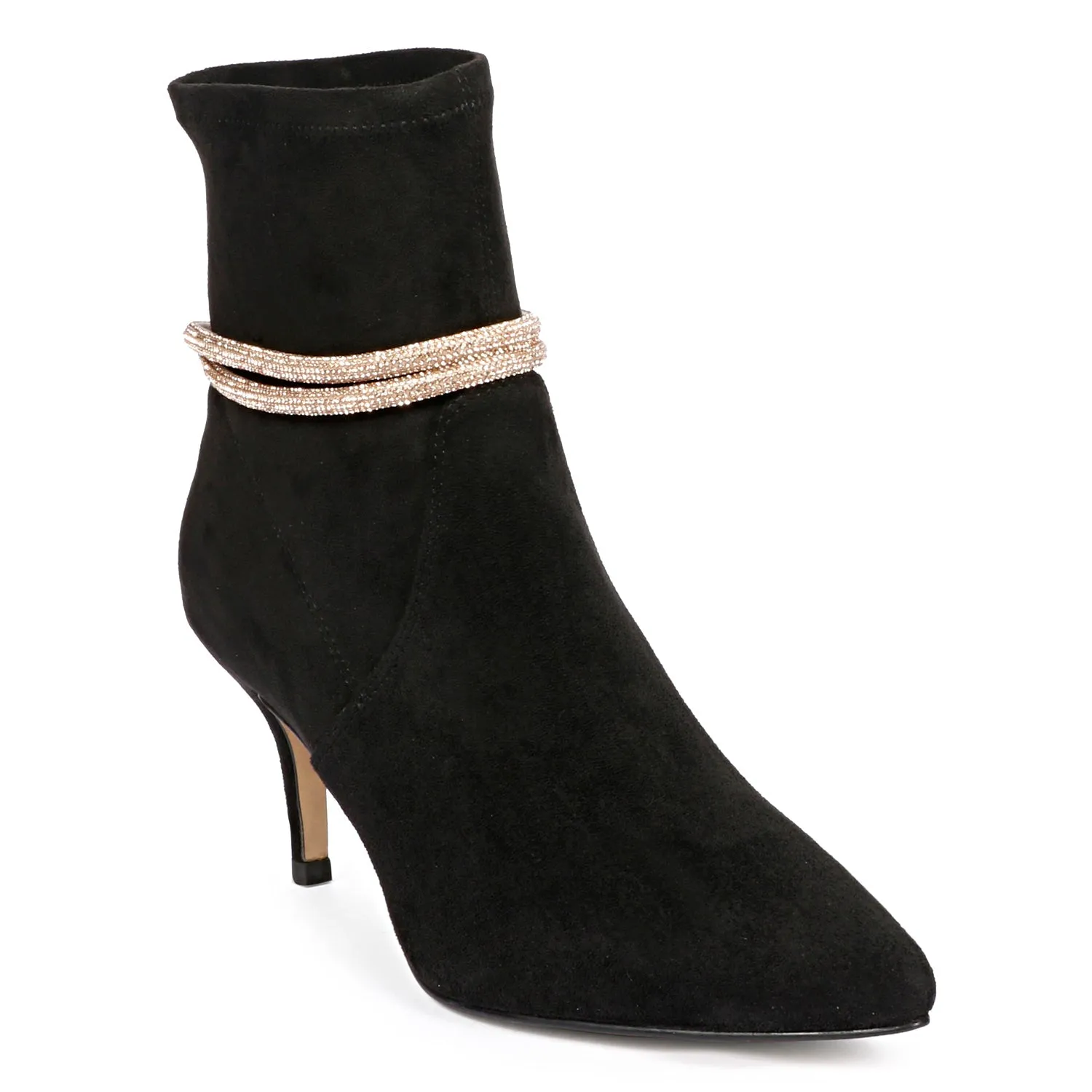 Saint Reyna Black Stretch Suede Golden Cord String Kitten Heel Boots