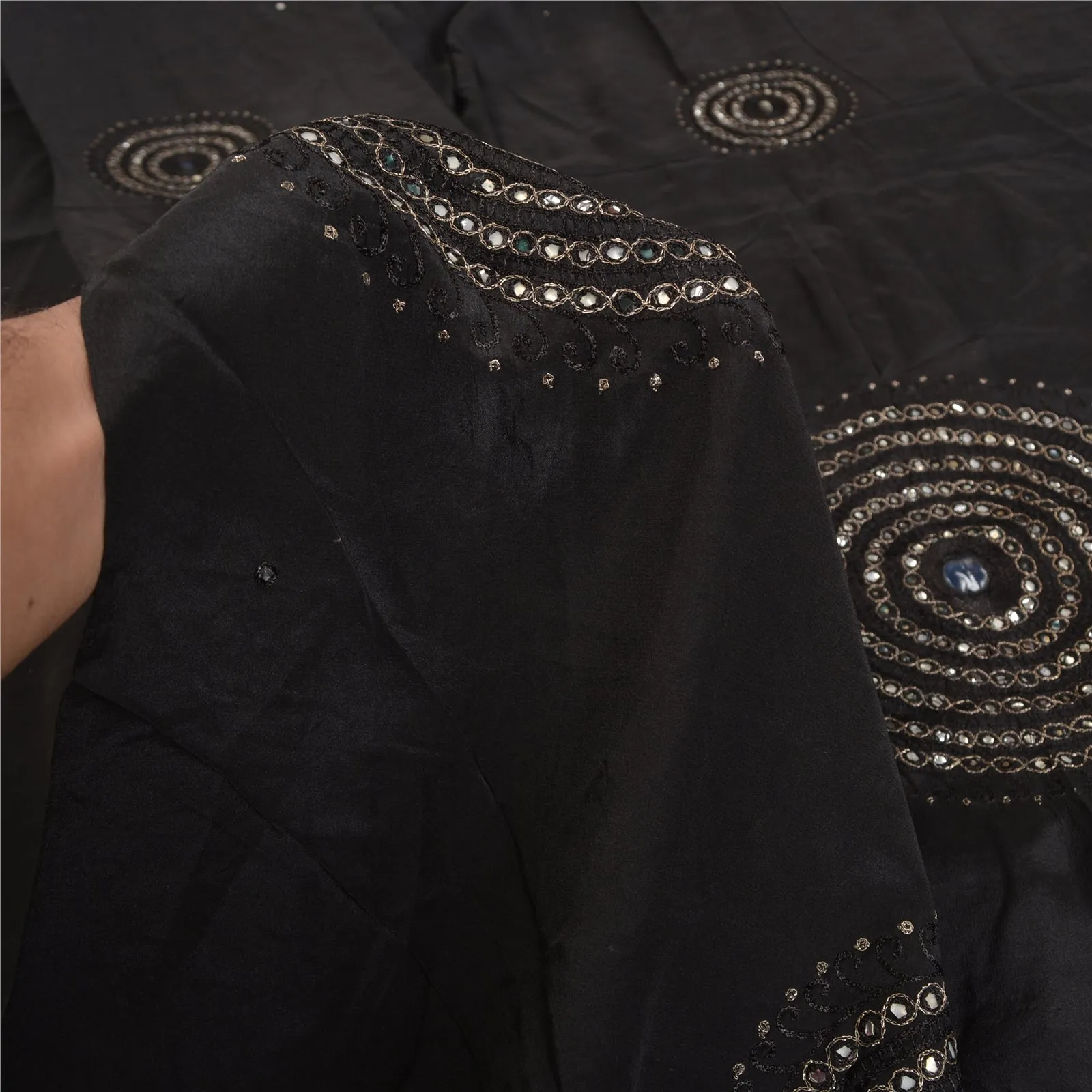 Sanskriti Vintage Black Sarees Pure Crepe Silk Embroidered Premium Sari Fabric