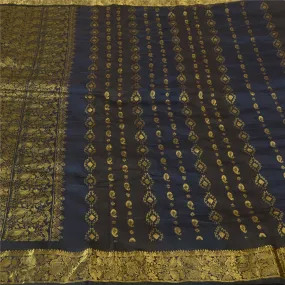 Sanskriti Vintage Blue/Brown Sarees Pure Silk Woven Brocade/Banarasi Sari Fabric