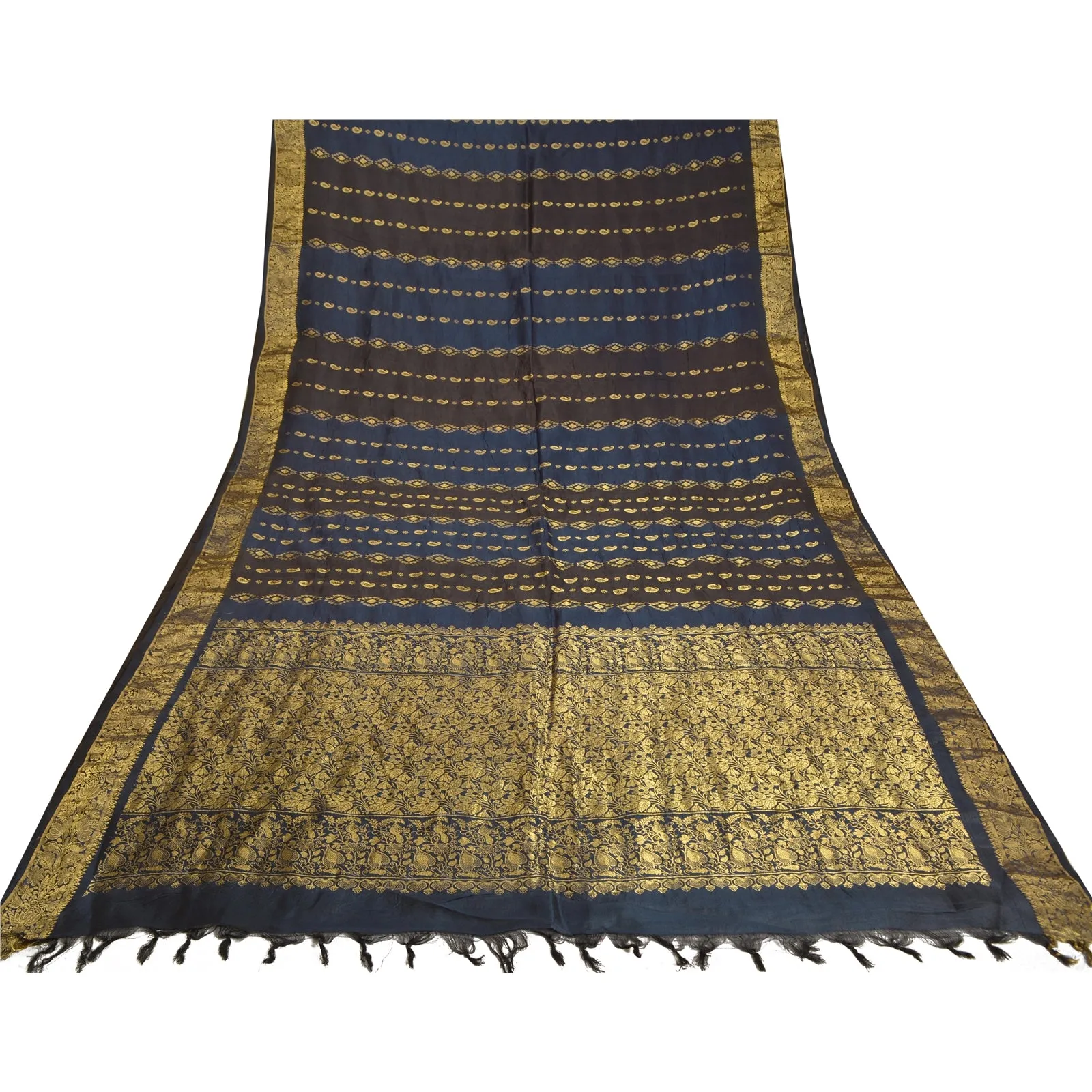 Sanskriti Vintage Blue/Brown Sarees Pure Silk Woven Brocade/Banarasi Sari Fabric