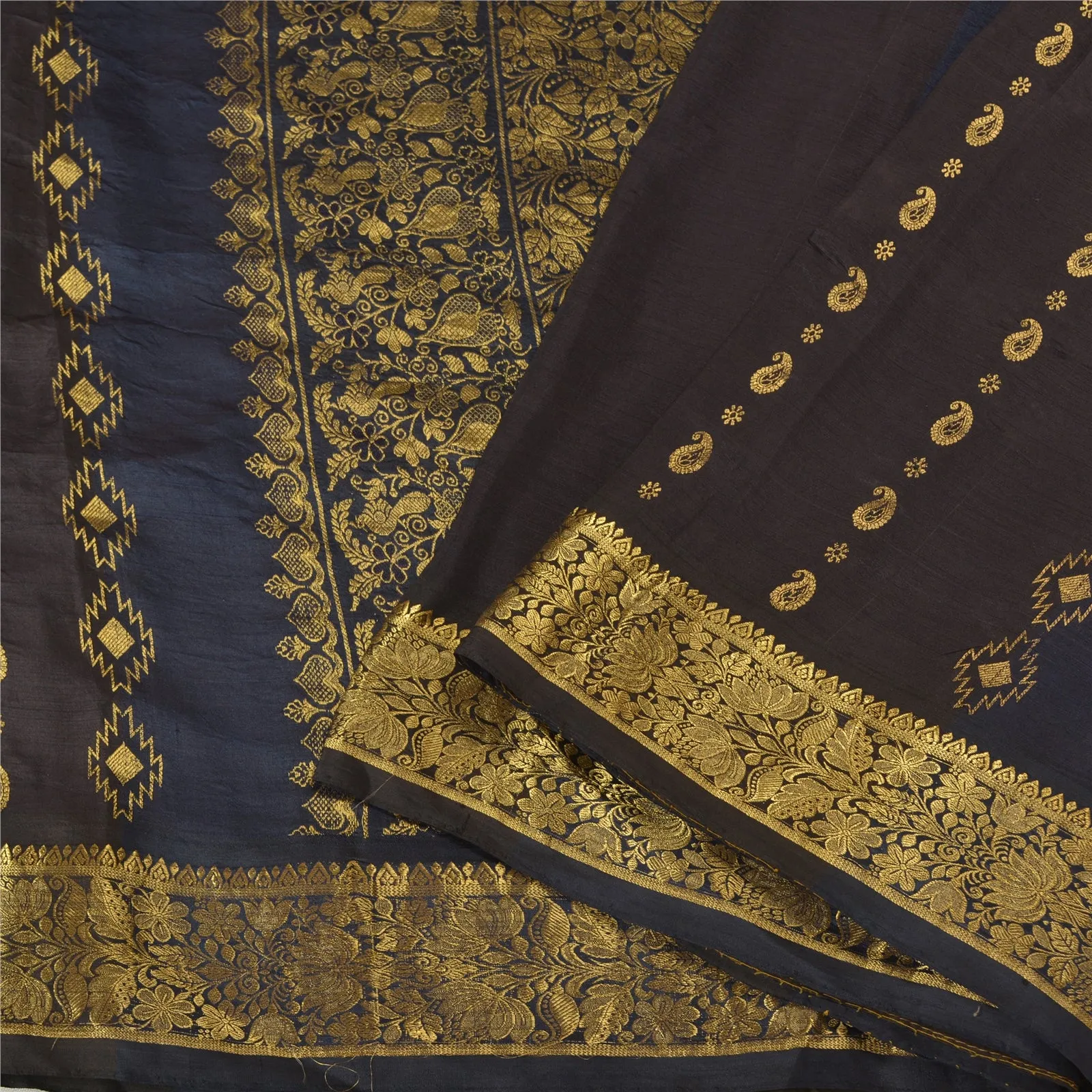 Sanskriti Vintage Blue/Brown Sarees Pure Silk Woven Brocade/Banarasi Sari Fabric