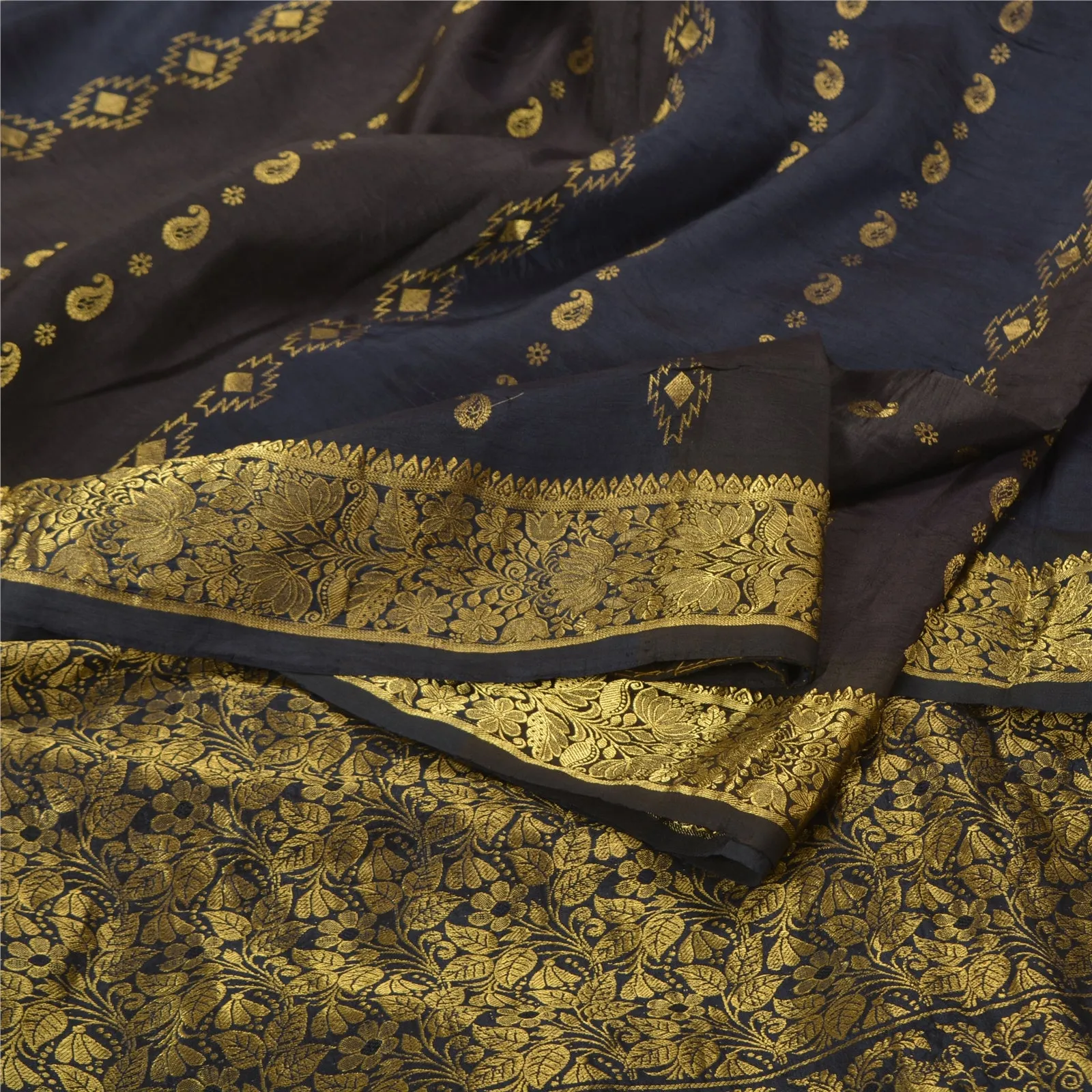 Sanskriti Vintage Blue/Brown Sarees Pure Silk Woven Brocade/Banarasi Sari Fabric