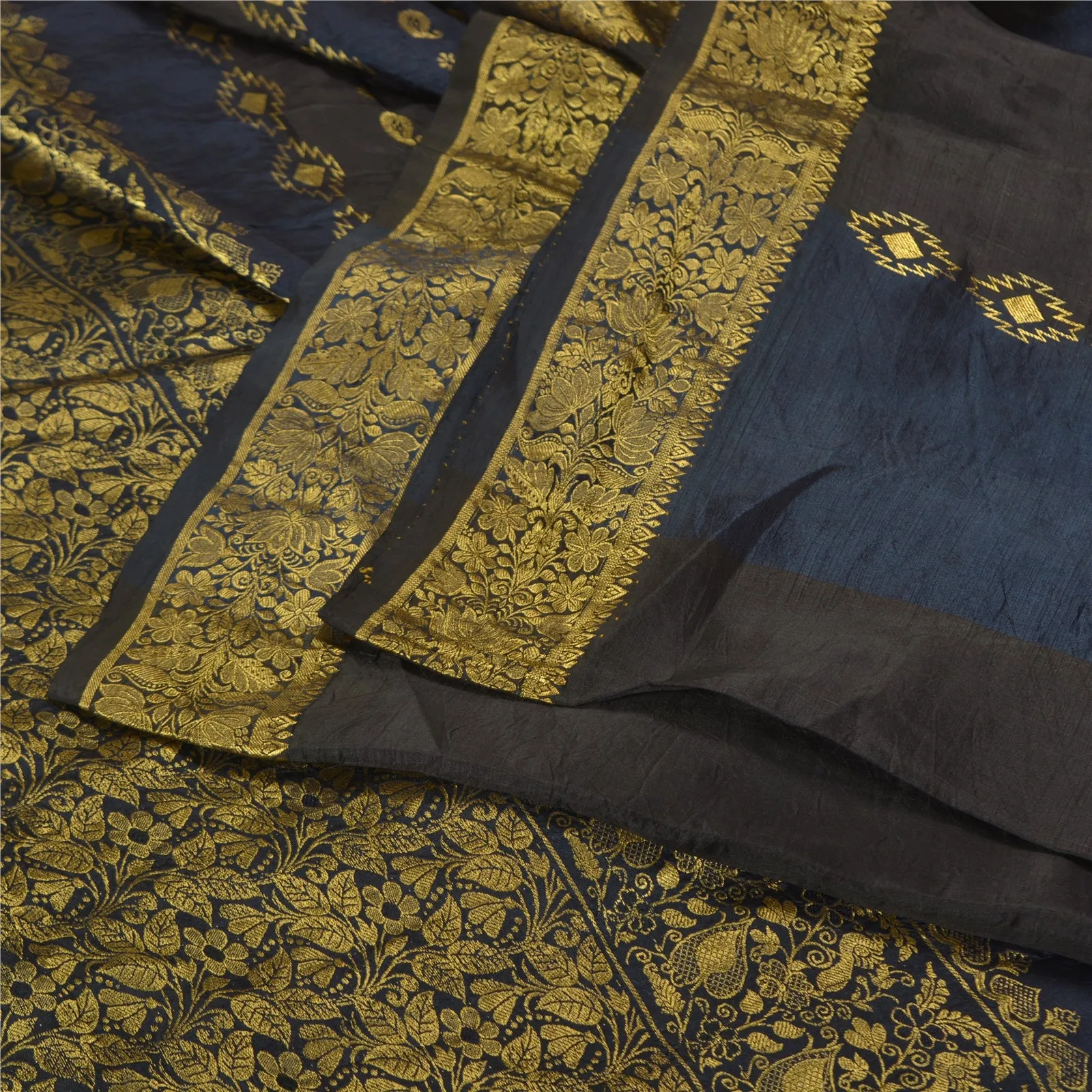 Sanskriti Vintage Blue/Brown Sarees Pure Silk Woven Brocade/Banarasi Sari Fabric