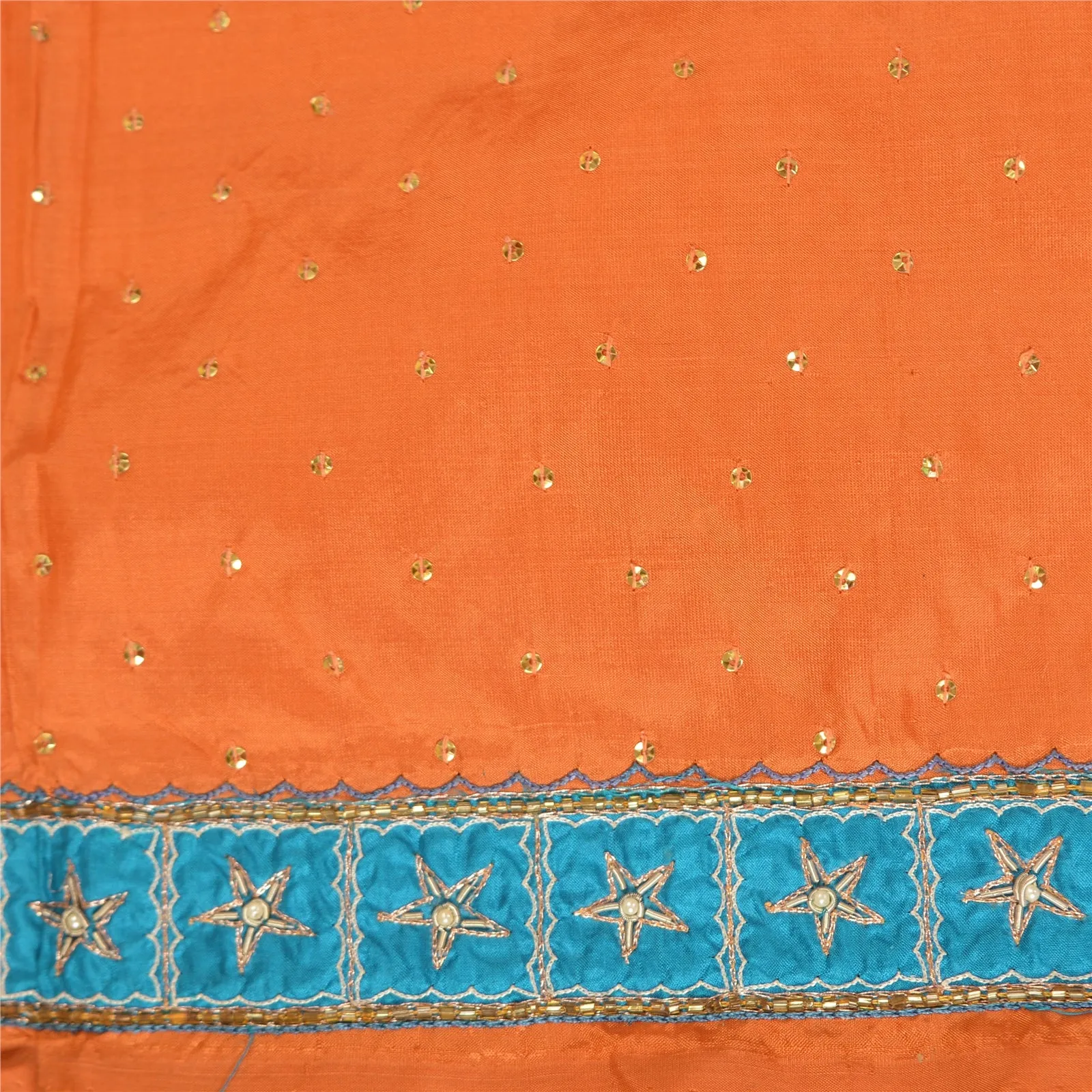 Sanskriti Vintage Saffron Sarees Pure Silk Hand Beaded Premium Sari Craft Fabric