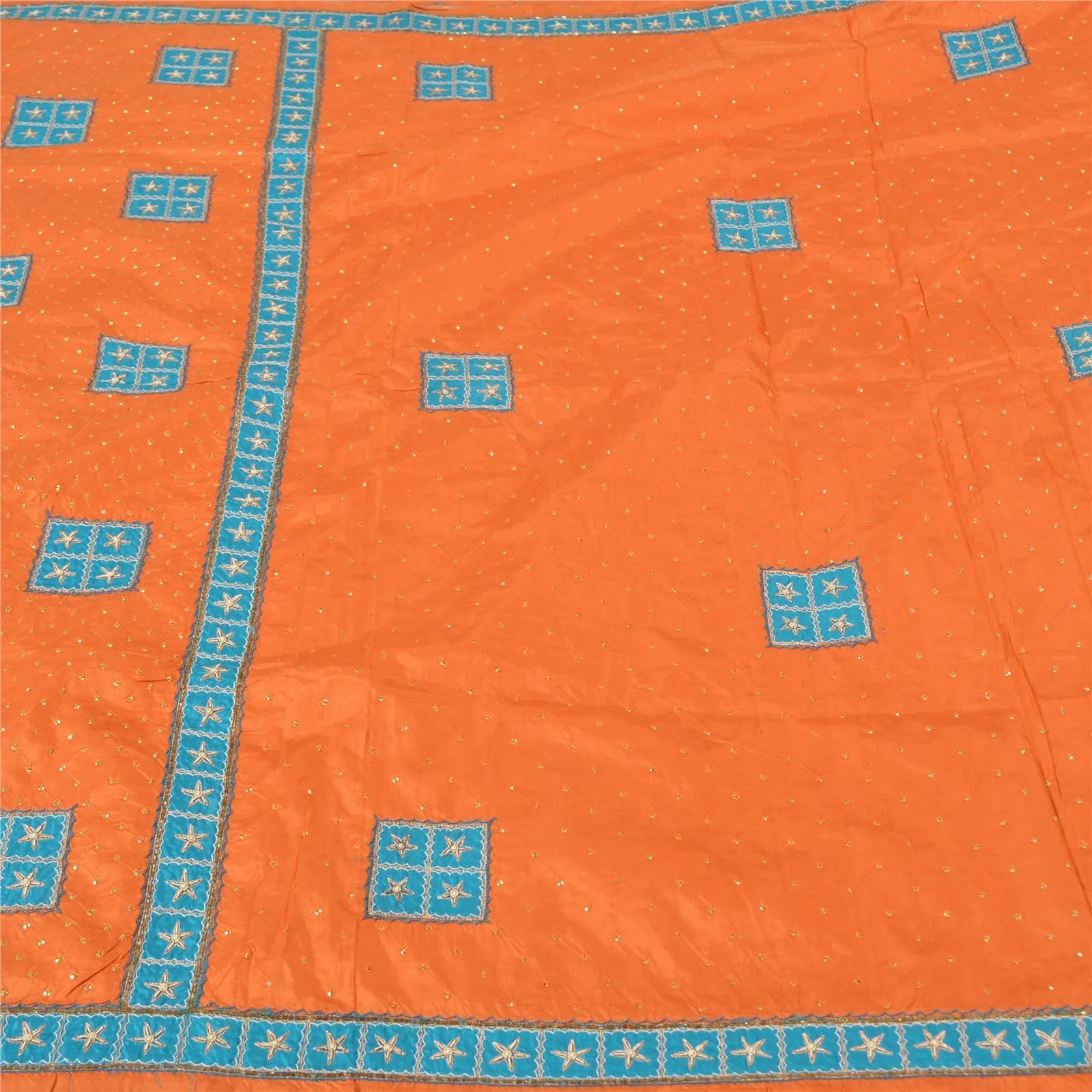 Sanskriti Vintage Saffron Sarees Pure Silk Hand Beaded Premium Sari Craft Fabric