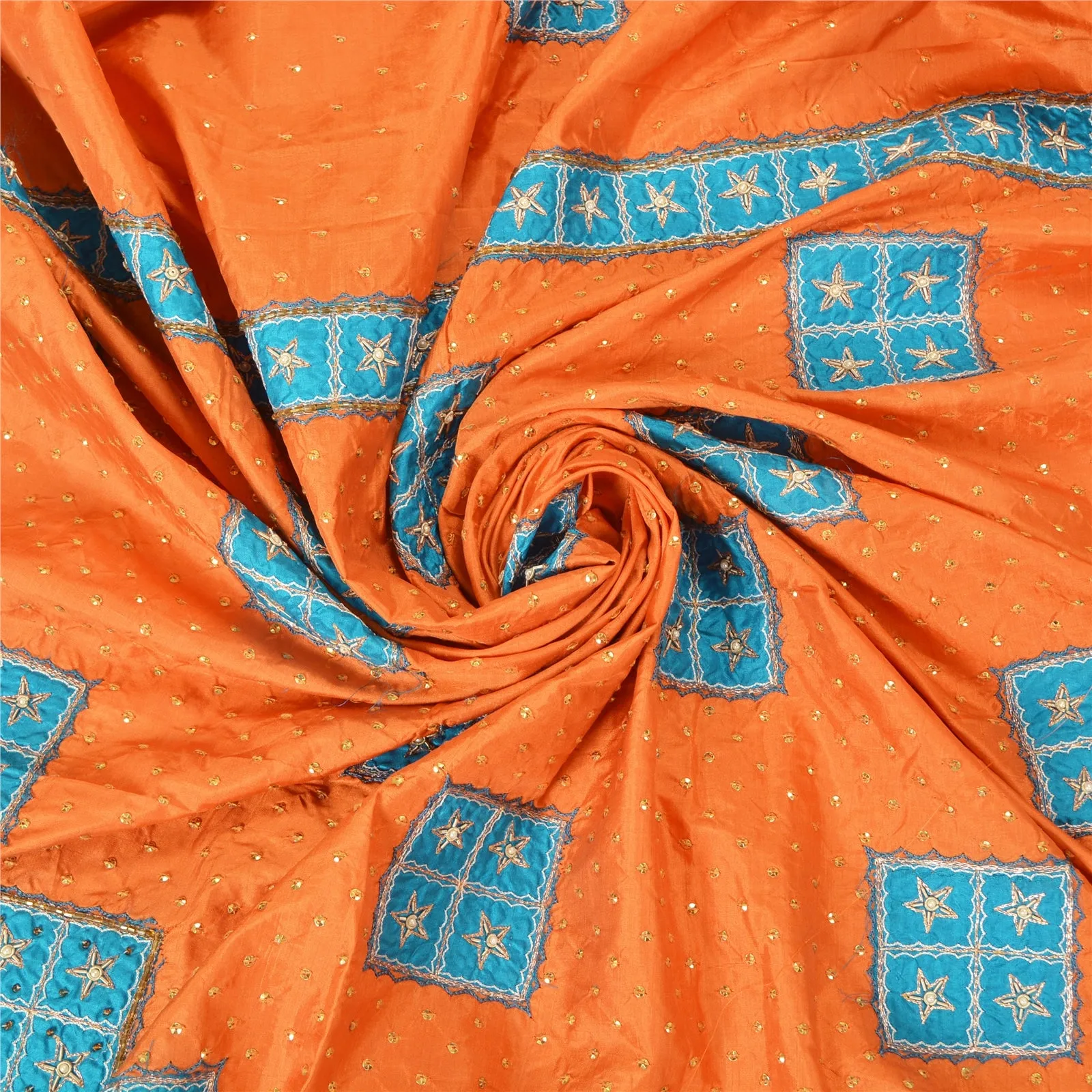 Sanskriti Vintage Saffron Sarees Pure Silk Hand Beaded Premium Sari Craft Fabric