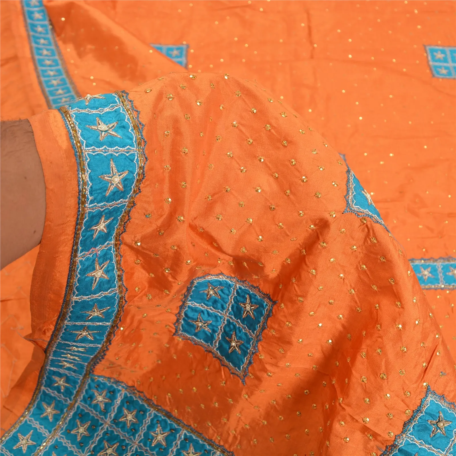 Sanskriti Vintage Saffron Sarees Pure Silk Hand Beaded Premium Sari Craft Fabric