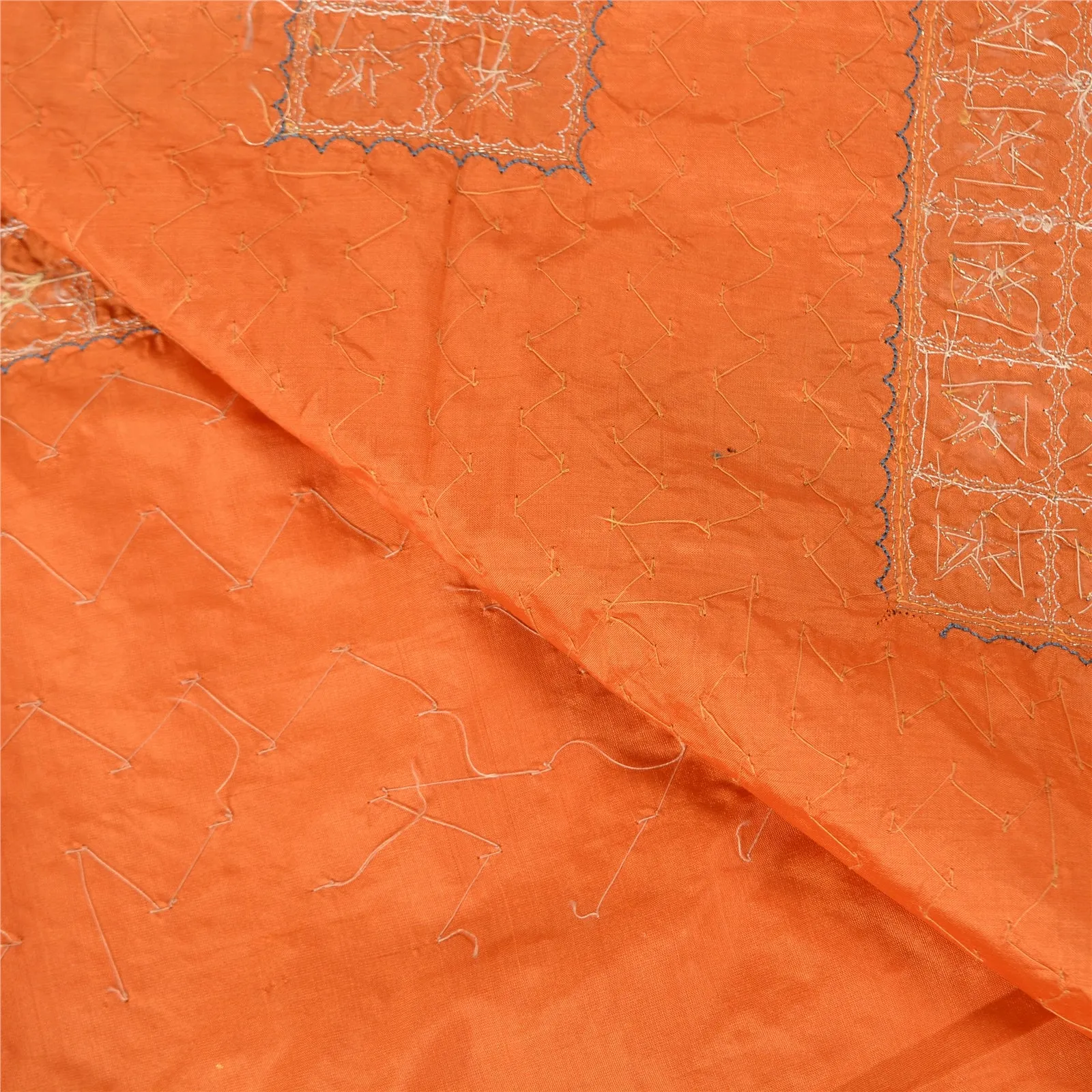 Sanskriti Vintage Saffron Sarees Pure Silk Hand Beaded Premium Sari Craft Fabric