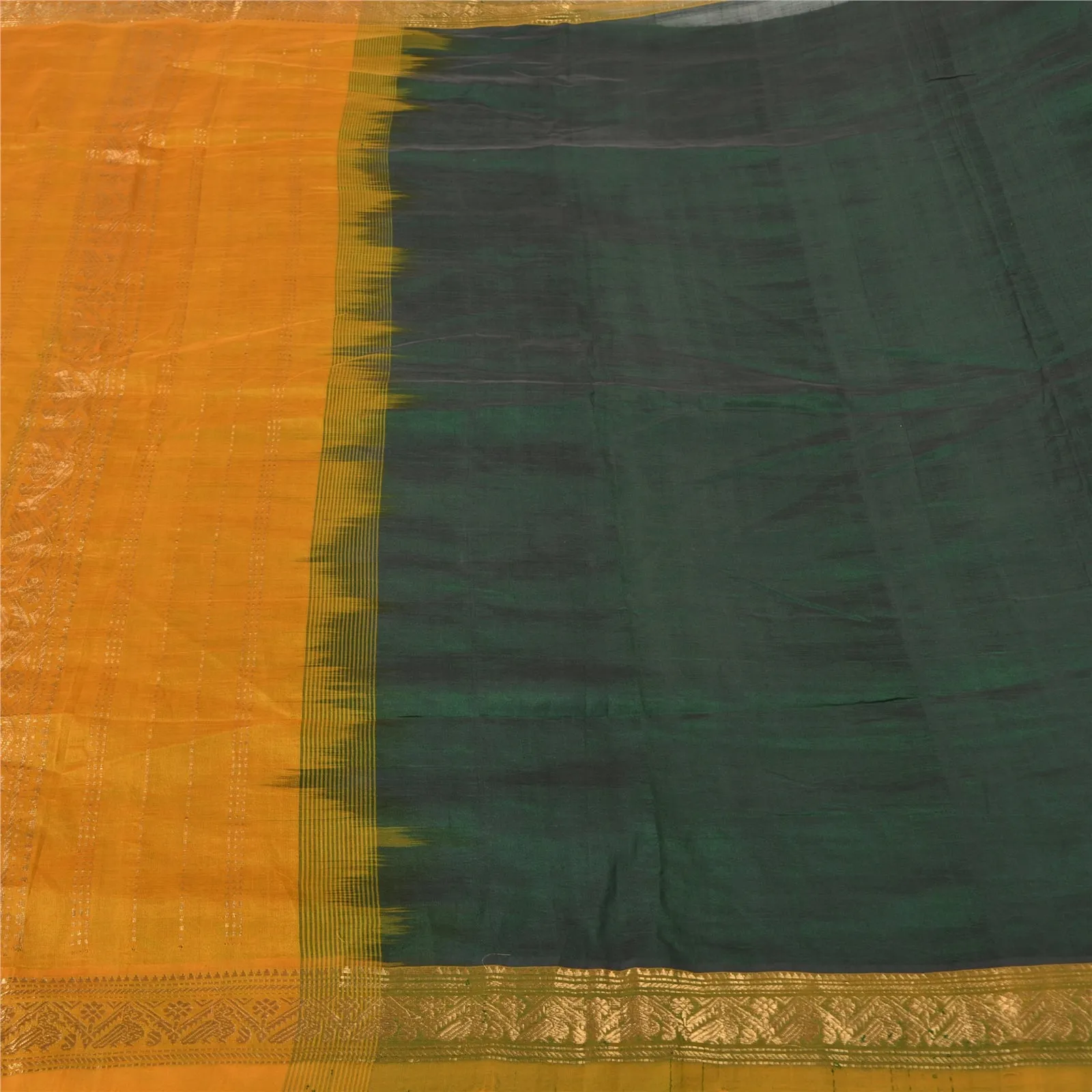 Sanskriti Vintage Saffron/Green Sarees Cotton Silk Woven Brocade Sari Fabric