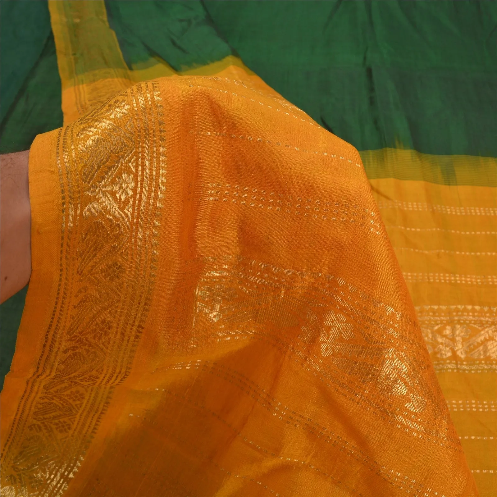 Sanskriti Vintage Saffron/Green Sarees Cotton Silk Woven Brocade Sari Fabric