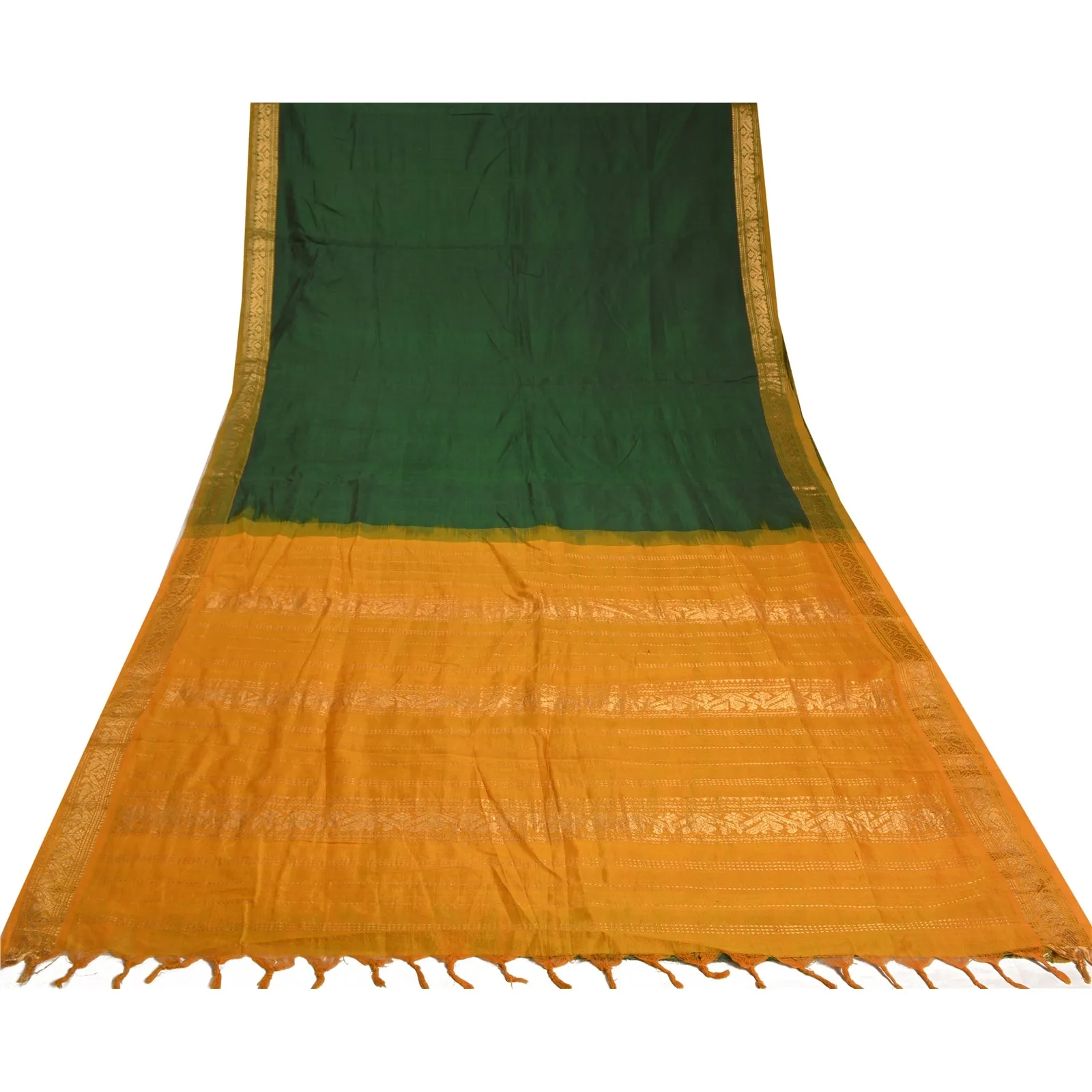 Sanskriti Vintage Saffron/Green Sarees Cotton Silk Woven Brocade Sari Fabric