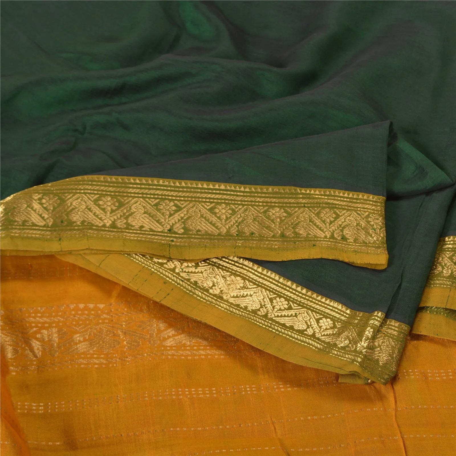 Sanskriti Vintage Saffron/Green Sarees Cotton Silk Woven Brocade Sari Fabric