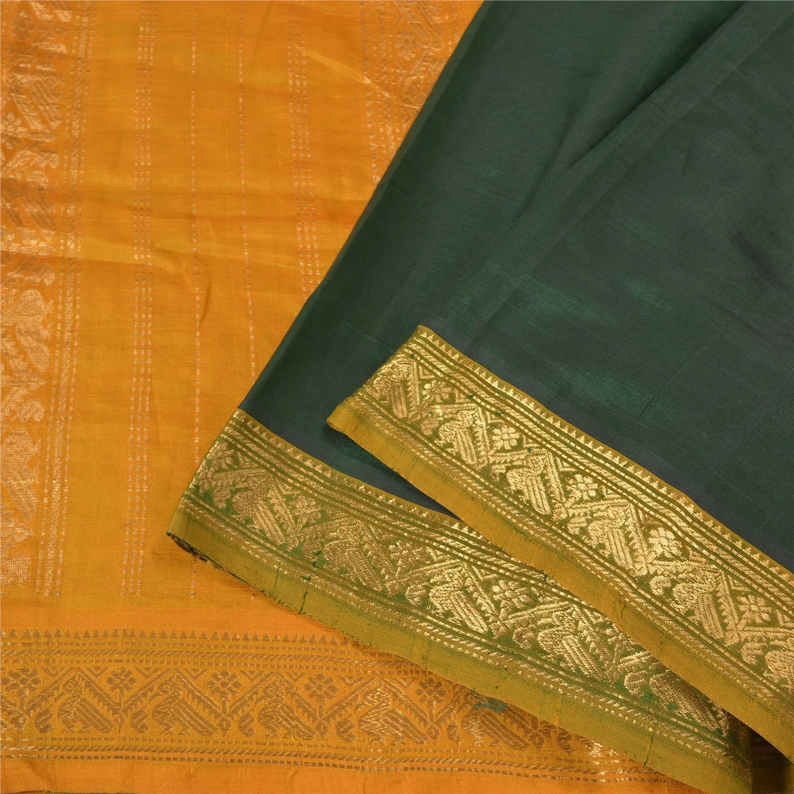 Sanskriti Vintage Saffron/Green Sarees Cotton Silk Woven Brocade Sari Fabric