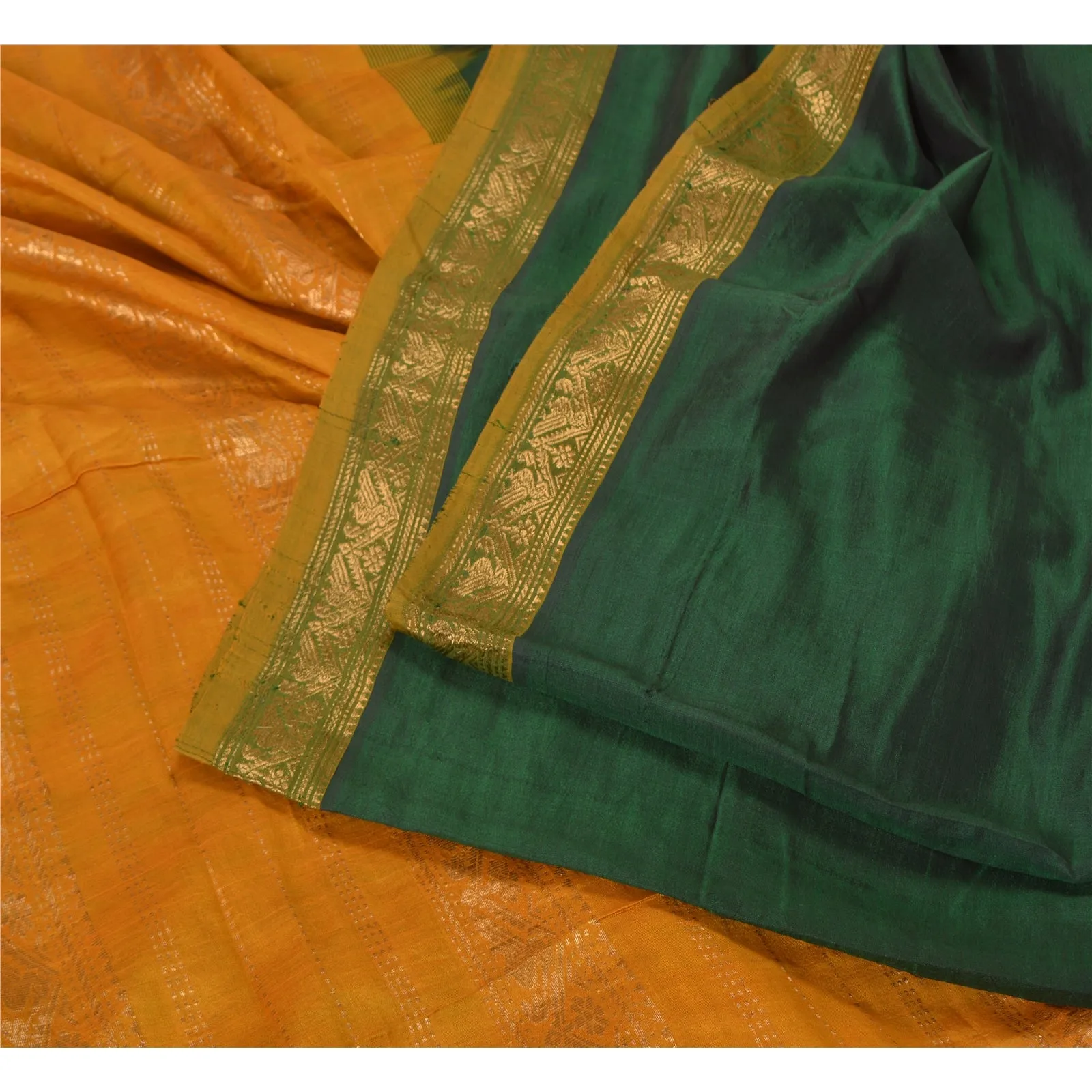 Sanskriti Vintage Saffron/Green Sarees Cotton Silk Woven Brocade Sari Fabric