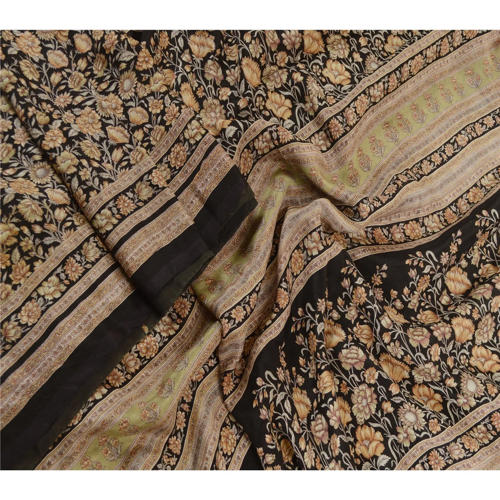 Sanskriti Vintage Sarees Black 100% Pure Silk Printed Sari 5yd Soft Craft Fabric