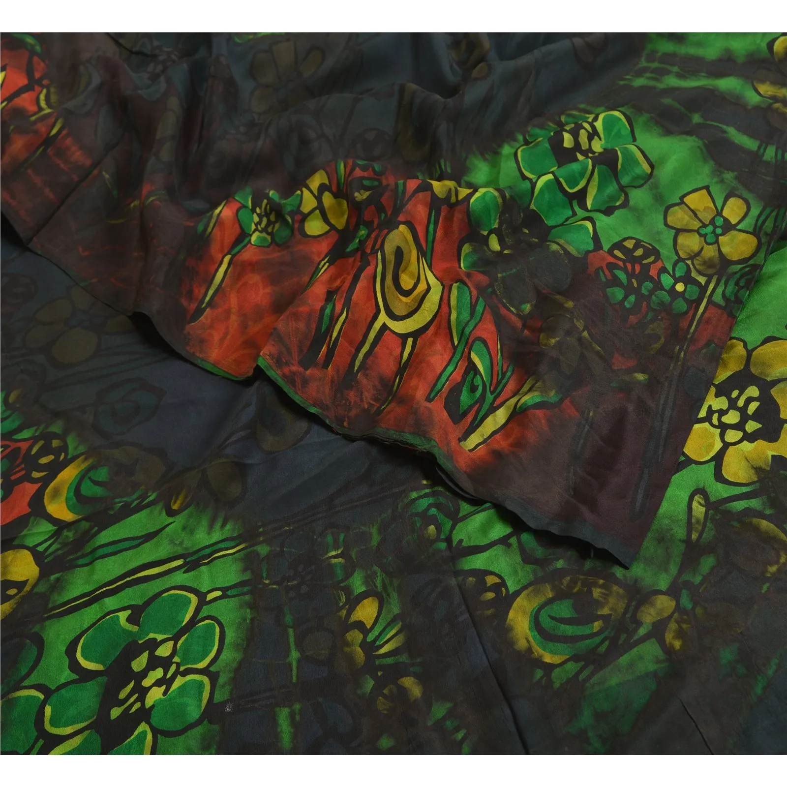 Sanskriti Vintage Sarees Black/Green Tie-Dye Pure Crepe Silk Sari Craft Fabric