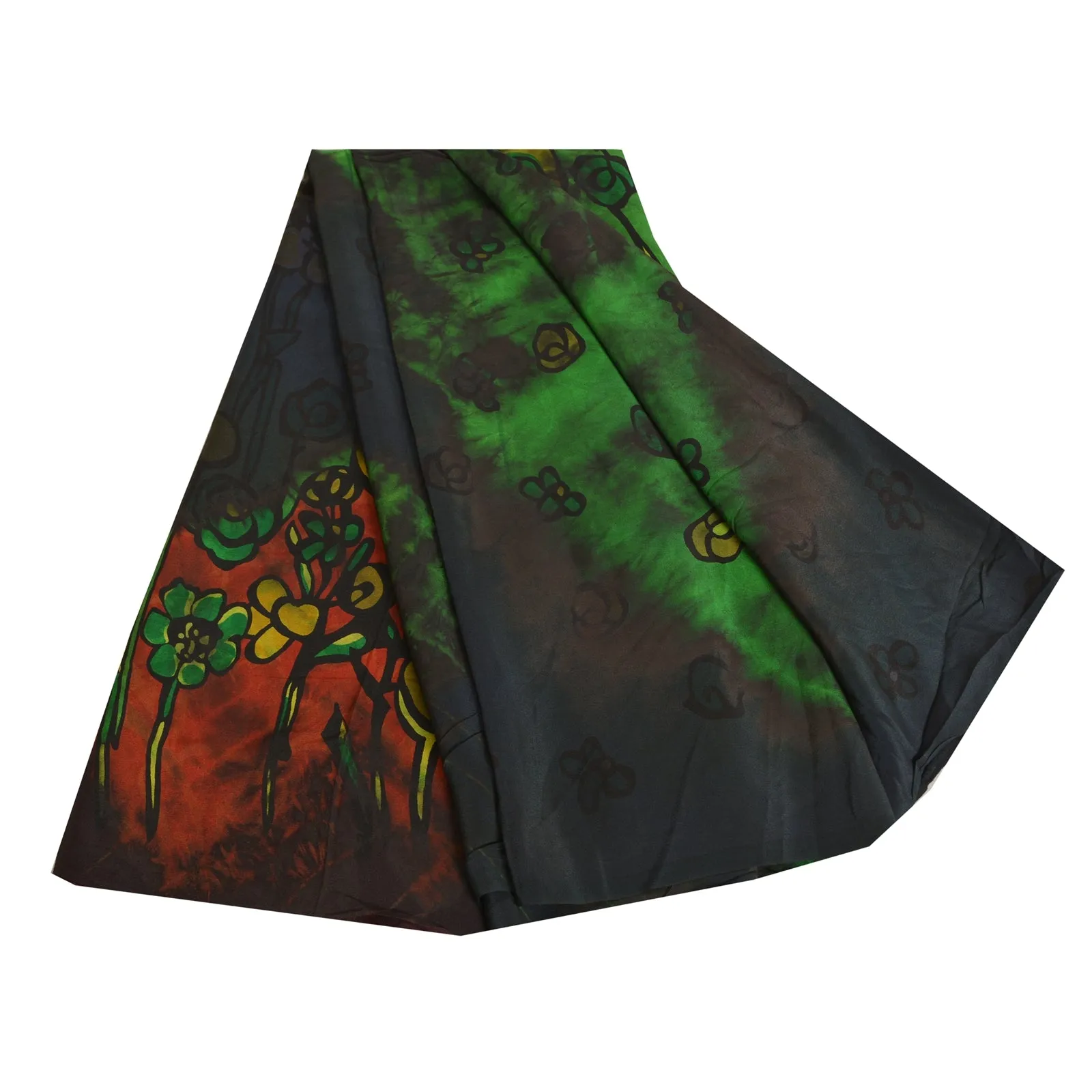 Sanskriti Vintage Sarees Black/Green Tie-Dye Pure Crepe Silk Sari Craft Fabric